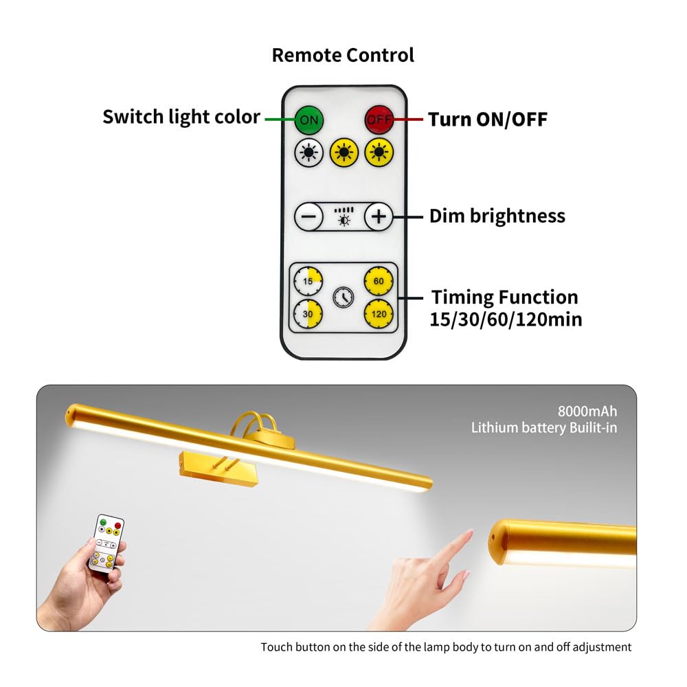TIAUEU 26" Wireless Picture Lights, Rechargeable Battery Art Display Light with Remote Control, Dimmable/Timer Off Dartboard Light, 3 Lighting Modes Full Metal Painting Display Lights (Gold-2 Pack)