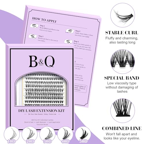 B&Q Lash Clusters Kit 280PCS Eyelash Clusters Kit,30D 40D D 9-16MIX Individual Lash Comfortable Eyelash Extension Set, Cla...