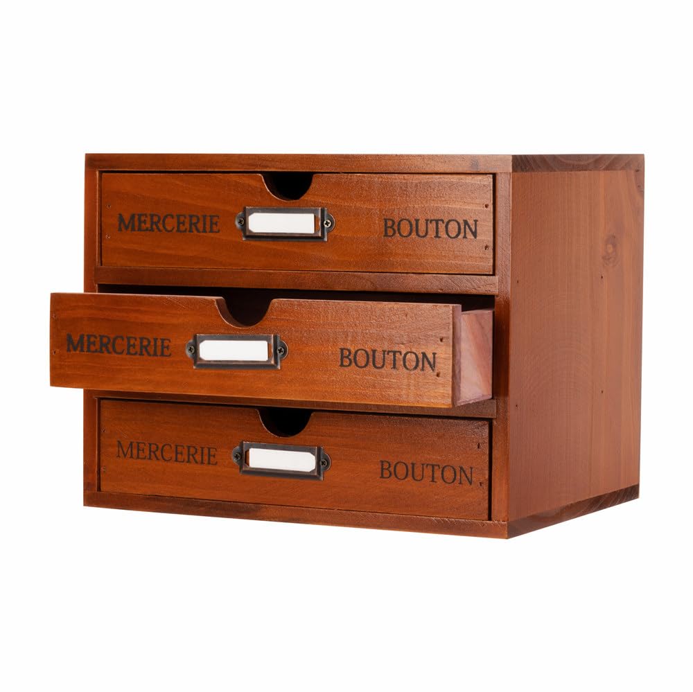PACKGILO Wooden Storage Box Rustic Desktop Organizer with 3 Drawers Office Desk Accessories Shelf Small Craft Storage Containers Apothecary Cabinet and Chest Jewelry Holder for women(BROWN)
