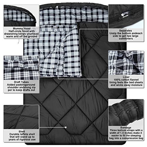 AGEMORE 0 Degree Double Sleeping Bag for Adults, Cotton Flannel Lined 2 Person Queen Size Warm Sleeping Bag for Family Win...