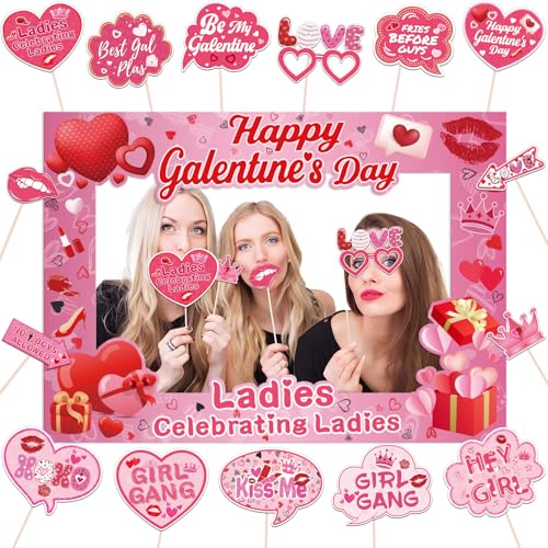 Galentines Day Decorations Photo Booth Props 16pcs Happy Galentines Day Decorations Photo Props for Party Pink Ladies Cele...