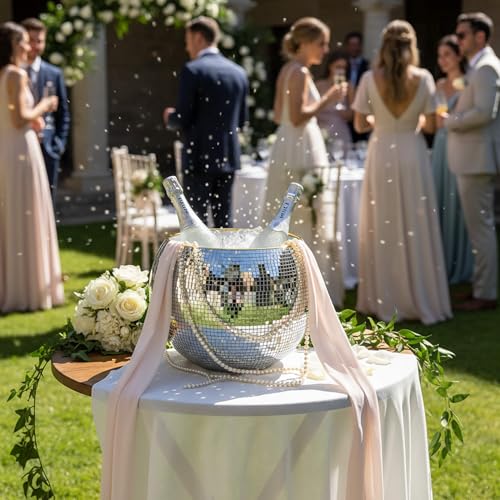 Bertork 9.8 Inch Disco Ball Ice Bucket, Mirror Silver Cooler for Wine, Beer & Champagne, Perfect Retro Party Accessory
