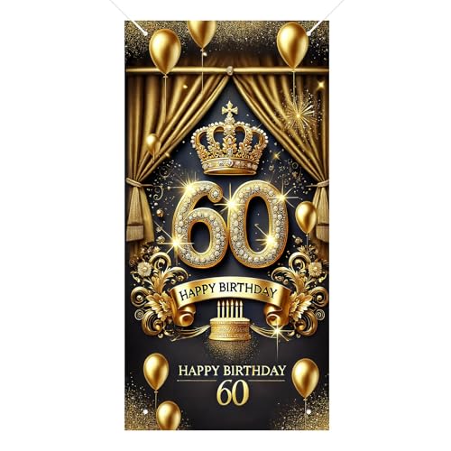 HOMETITUTE 60th Birthday Door Cover 71x35 Inch Royal Gold Birthday Banner for Party Decorations Crown Balloon Cake Backdro...