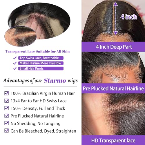 Body Wave 13x4 HD Lace Front Human Hair Wigs for Women 150% Density Glueless Natural Black 22 Inch