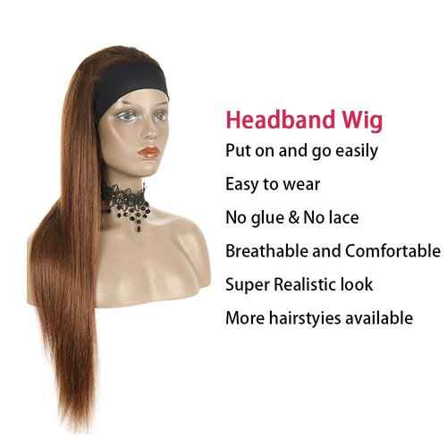 1B30 Straight Headband Wig Ombre Brown Human Hair Headband Wig 130% Density Grade 8A Brazilian Remy Hair Machine Made Wigs Dark Brown Color 20 Inch