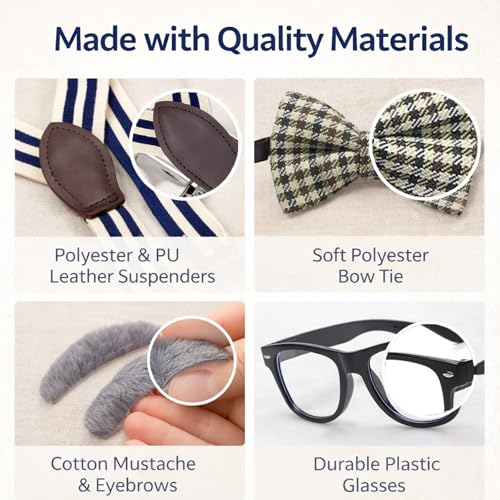 Tangrove Old Man Costume for 100 Days of School - 6PCS Set Include Beret Hat, Beard & Eyebrows,Suspenders, Bow Tie, Glasses