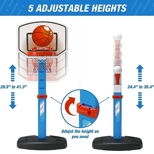 HYES 2 in 1 Kids Basketball Hoop and T Ball Set - Adjustable Height, Kids Baseball Tee with Automatic Pitching Machine, In...