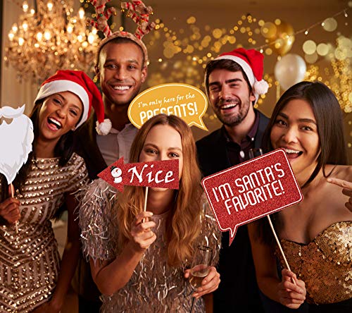 Glitter Christmas Photo Booth Props Kit - 25 Count Large Photography Party Decorations Gifts, Fun Santa Elfie Selfie Posin...
