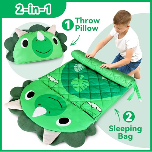 iPlay, iLearn Kid Sleeping Bag, Dinosaur Slumber Sack, Toddler Boy Nap Mat, 2 in 1 Green Dinos Cushion Blanket, Happy Trav...