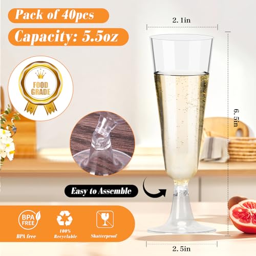 GuanQiao Plastic Champagne Flutes 40 Pack, 5.5 Oz Clear Disposable Plastic Champagne Glasses, Wine Glasses Cups for Weddin...