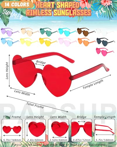 PARSUP 14 Pairs Heart Shaped Rimless Frameless Sunglasses Transparent Candy Color Glasses Tinted Eyewear Bachelorette Part...