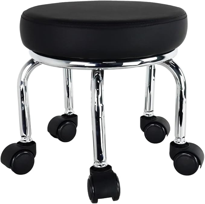 WKWKER Modern Roller Seat PU Leather Low Round Rolling Stool 360° Swivel Small Low Seat with Universal Caster Wheels Foot Stool for Home Office Garage Shop Fitness Sport H：12.4" （Black）