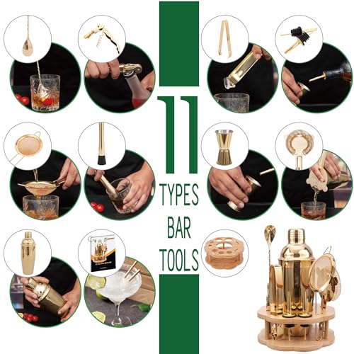 JWJIUEJIU Cocktail Shaker Set Bartender Kit with Rotatble Bamboo Stand,11 Piece Bar Set Stainless Steel Bar Accessories fo...