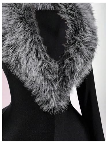 WDIRARA Women's Faux Fur Deep V Neck Long Sleeve Romper Fuzzy Bodycon Shorts Jumpsuit Rave Party
