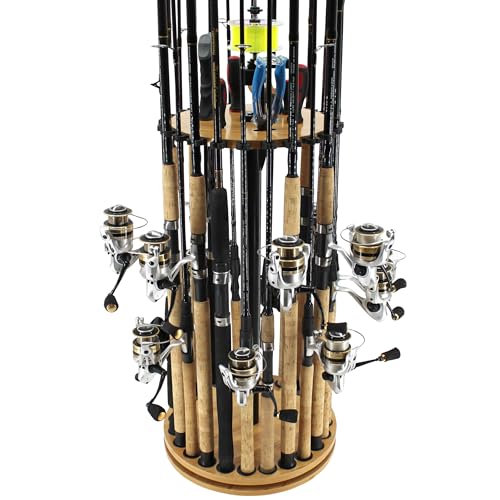 Rush Creek Creations 24-Rod Round Spinning Fishing Pole Holder with Built-in Line Spooler, 360° Access Fishing Rod Holder ...