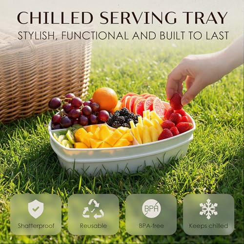 15" White-Colored Chilled Serving Tray - 3-Tier Ice Party Platter with 4 Compartments, Ice Tray & Lid, BPA-Free Melamine, ...