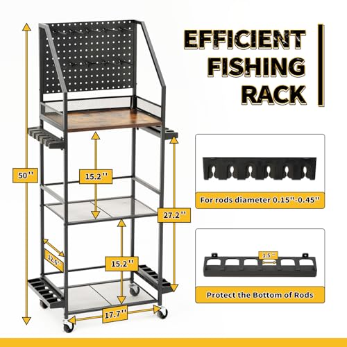 SOYEEZE Fishing Rod Holders for Garage with Pegboard and Lockable Wheels, 3-Tier Fishing Pole Rack with 10 Hooks, Fishing ...