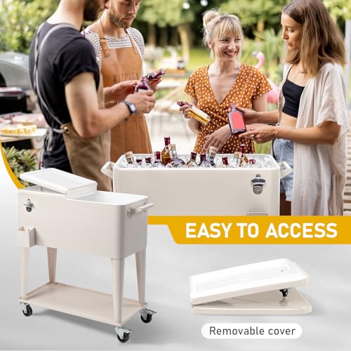 80 Quart Rolling Ice Chest,Portable Bar Drink Cooler,Camping BBQ Ice Chest Cart,Modern Beverage Cooler Cart,with Catch Bas...