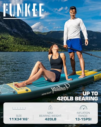 FUNKEE 11’×34"×6" Extra Wide Inflatable Stand Up Paddle Board, Sup Board with Removable Fins, Backpack, Floating Paddle, S...