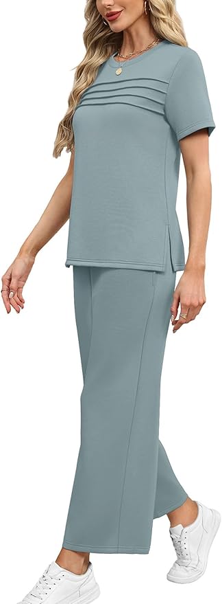 WIHOLL Two Piece Sets for Women Summer Travel Vacation Outfits Short Sleeve Lounge Sets Side Slit Wide Leg Pants S-3XL