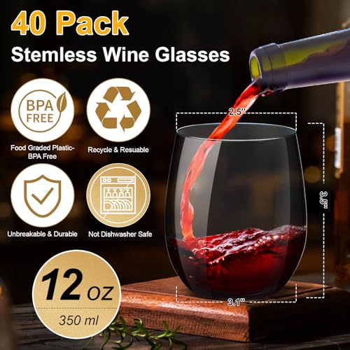OTOB 40 Pack Reusable Stemless Plastic Wine Glasses, 12 OZ Unbreakable Champagne Whiskey Glass, Round Clear Disposable Coc...