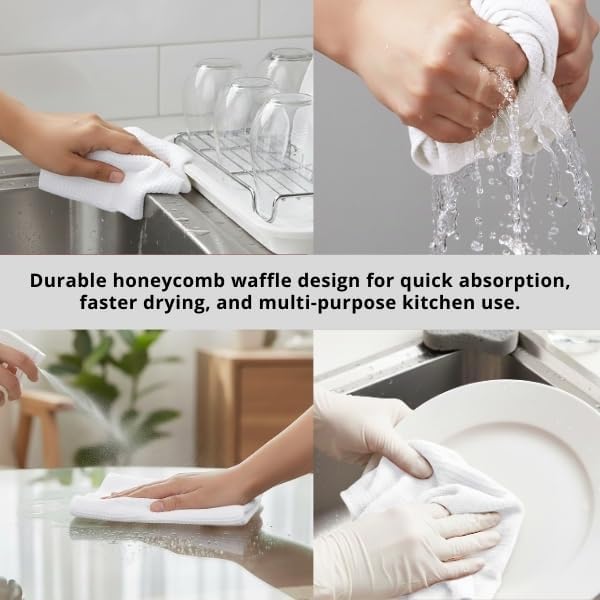 PurpleEssences Dish Cloths and Dish Rags - 8 Pack Waffle Weave Solid Kitchen Dish Wash Cloths, 100% Cotton, 12 x 12 Inches, Ultra Soft Absorbent Quick Drying - Christmas Holiday Winter - White