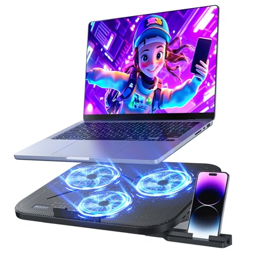 Laptop Cooling Pad with 3 Quiet Fans, 5-Level Height Adjustable Ergonomic Stand, 2 USB Ports & Phone Holder, Fits 12-17 In...