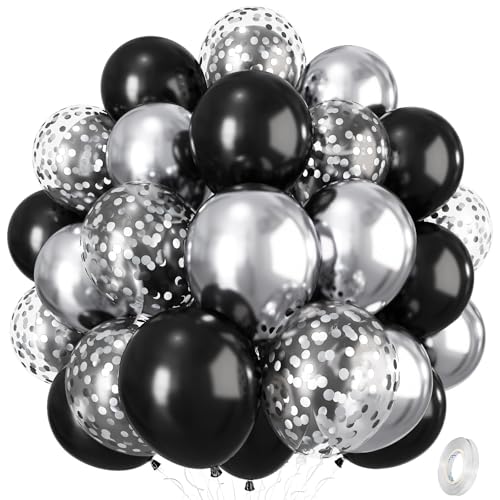 Black and Silver Balloons, 12 Inch Metallic Chrome Black Silver Confetti Latex Helium Balloons for Men Boys Birthday Baby ...