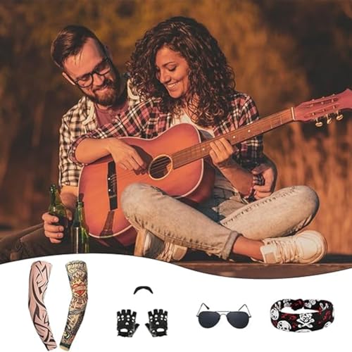 Svzadipe 7 Pcs Rocker Costume Men's Curls Disco Party with Wigs Sunglasses Beards Sleeves Gloves Headscarves for 70s 80s 90s