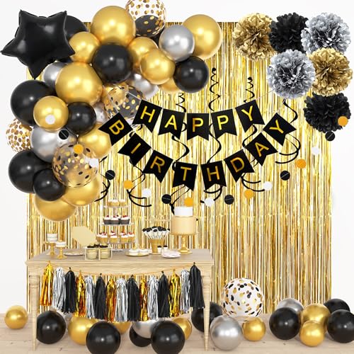 Black and Gold Birthday Party Decorations Kit for Men Women, Cheers Beer Confetti Black Gold Balloon Happy Birthday Banner...