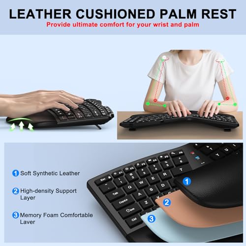 Ergonomic Wireless Keyboard Mouse, Wave Key Bluetooth/2.4G Split Design Ergo Keyboard Mouse Combo with Cushioned Palm Res...