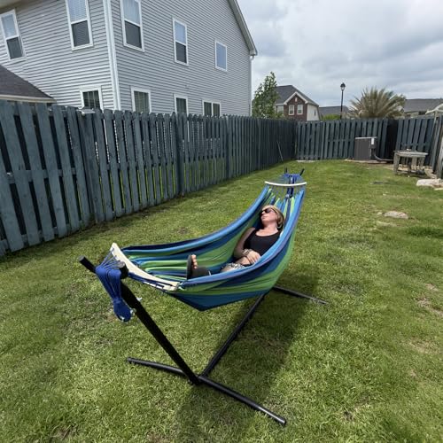 SZHLUX Double Hammock with Stand Included 450lb Capacity Steel Stand, Premium Carry Bag Included.Indoor Outdoor Brazilian-...