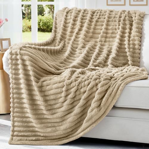 decorUhome Soft Fleece Light Brown Throw Blanket for Couch, Cozy Fluffy Plush Flannel Striped Blanket for Sofa Bed, Lightw...