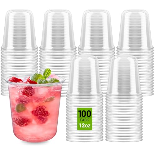 Soelomu 12 oz Disposable Stemless Wine Glasses, 100 Pcs Crystal Plastic Cocktail Cups Clear Classic Cold Drinking Party Gl...