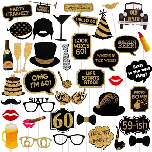 Adult 60th Birthday Photo Booth Props(41Pcs) for Her Him Cheers to 60 Years Birthday Party, Gold and Red Decorations, 60th...