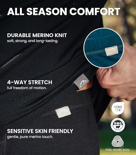 Merino Wool Base Layer Mens Bottom Pants 100% Merino Wool Heavyweight, Midweight, Lite Thermal Underwear Long Johns and Socks (Large, 165 Black)