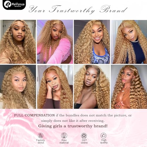 Honey Blonde Deep Wave Bundles Human Hair 12A Color #27 Blonde Curly Human Hair Bundles 16 18 20 Inch Colored Deep Wave Human Hair Extensions Double Weft Wet and Wavy Bundles