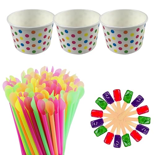 105 Piece Multi-Colored Snow Cone/Shaved Ice Kit - Includes 25 Rainbow Polka Dot Cups, 25 Candy Spoons, and 50 Neon Straws...