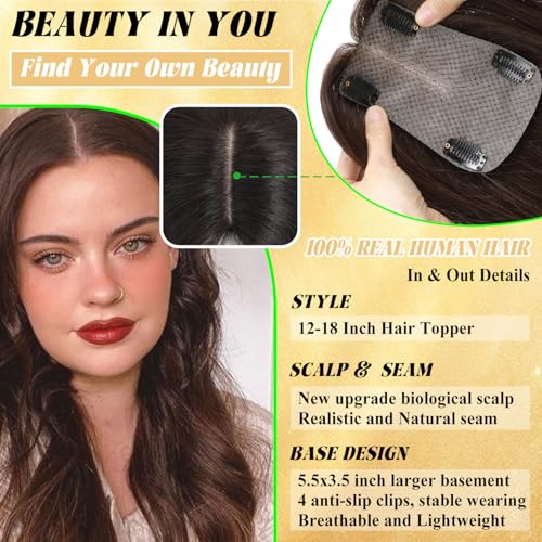 Rootoo Hair Toppers for Women Real Human Hair, 18 Inch Realistic Biological Scalp Topper Hair Pieces for Women with Thinning Crown with Middle Part Clip in Bangs Big Base 360¡Æ Cover (Black)