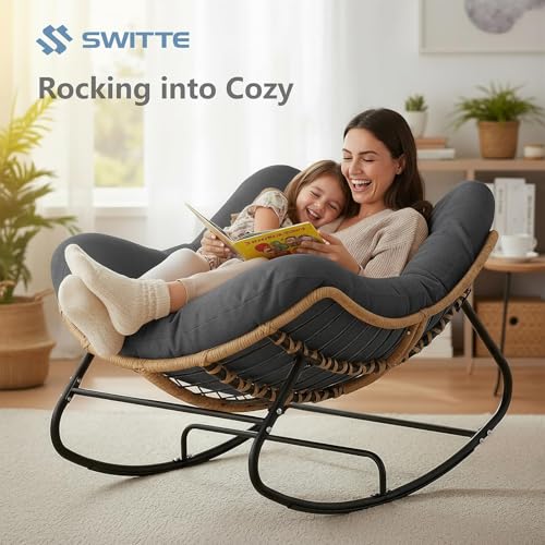 SWITTE Outdoor Rocking Chair, Oversized Patio Papasan Rocker, Comfy Wicker Reading Lounge, Indoor Egg Chair for Bedroom, L...