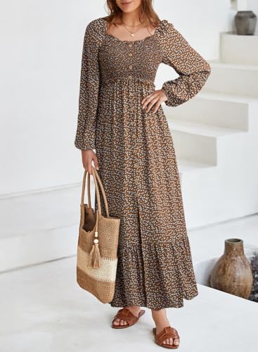 Dokotoo Womens Dresses Spring Summer 2026 Boho Floral Smocked Empire Waist Square Neck Long Sleeve Button Beach Maxi Dress