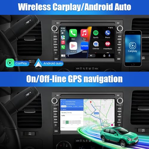 Junsun 4Core 64GB ROM Car Radio Stereo for Chevy Silverado GMC Sierra 2007-2013, Android 13 with CarPlay Android Auto Blue...