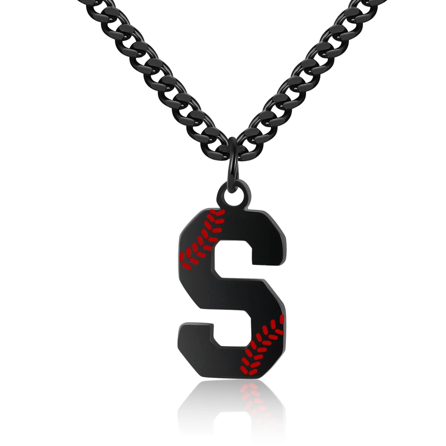 AIAINAGI Baseball Initial A-Z Letter Necklace for Men - Baseball Charm Pendant, Stainless Steel Black Chain, 22inch Personalized