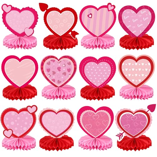 Containlol 12 Pcs Valentine's Day Honeycomb Centerpieces Valentines Table Decorations 3D Paper Red Pink Heart Valentine Ta...