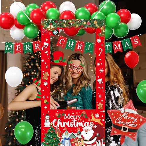 Christmas Party Decorations Set with Photo Booth Frame, Merry Christmas Banner, 35 Balloons, Photo Props