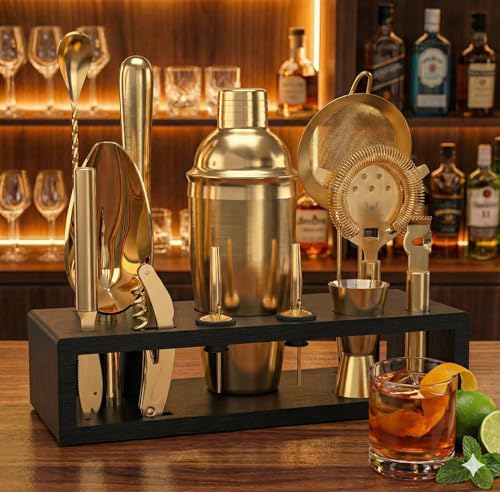 Highball & Chaser Bartender Kit with Espresso Bamboo Stand. Beautiful Cobbler Cocktail Shaker Set with Bar Tools Rustproof...