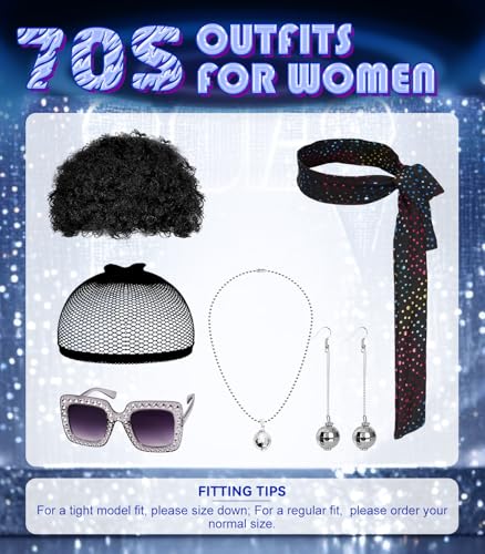 70s Disco Costume for Women - 1970s Disco Outfit with Wig, Earrings, glasses, Necklace, Headband, Sequin Top & Bell Bottoms