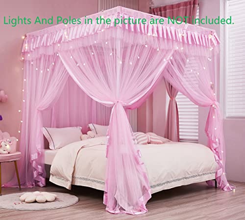 Mengersi Canopy Bed Curtains Queen Size,Bed Canopy for Girls Princess Bed Canopies Drapes Mosquito Net -Bedroom Decor,Pink