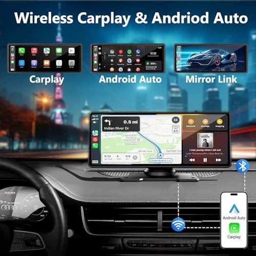 Portable Carplay Screen For Car, 10.26" Wireless Apple Carplay & Android Auto Touch Screen with 4K Dash Cam,1080P Backup C...