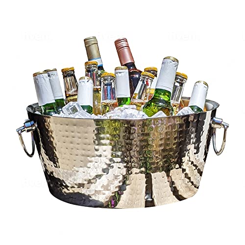 BREKX Hammered Stainless-Steel Beverage Tub, Double-Walled Insulated Anchored Drink Tub & Ice Bucket with Double Hinged Ha...